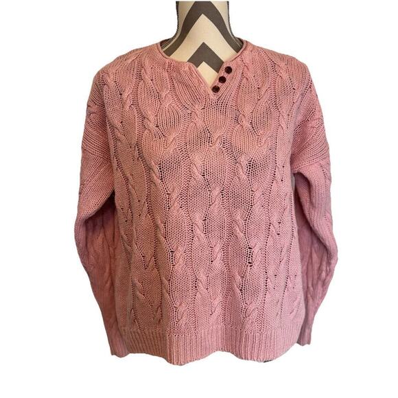 Retro 80s Outback Light Pink Cable-Knit Sweater Women’s Medium 3 Button V Neck - Picture 1 of 6